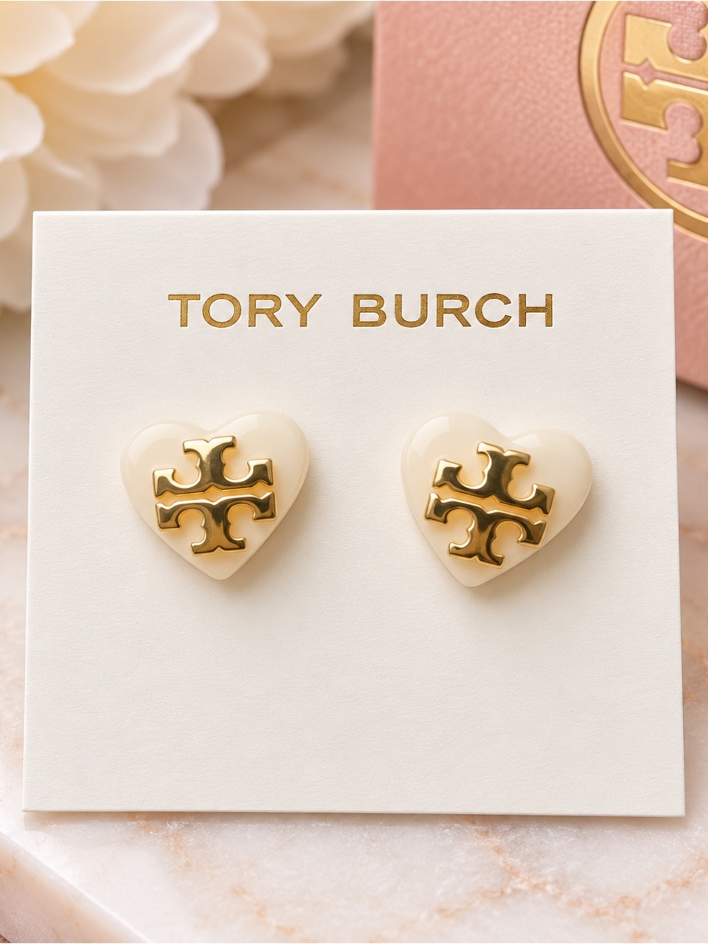 Tory Burch Cream Heart Stud Earrings with Gold Logo